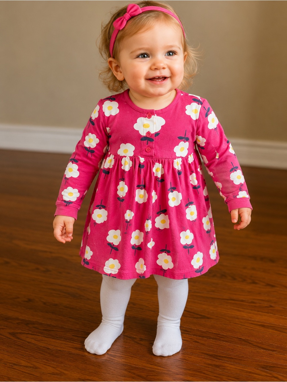 Hanna Andersson Girls Pink Floral Long-Sleeve Dress Size 5 / 110 cm